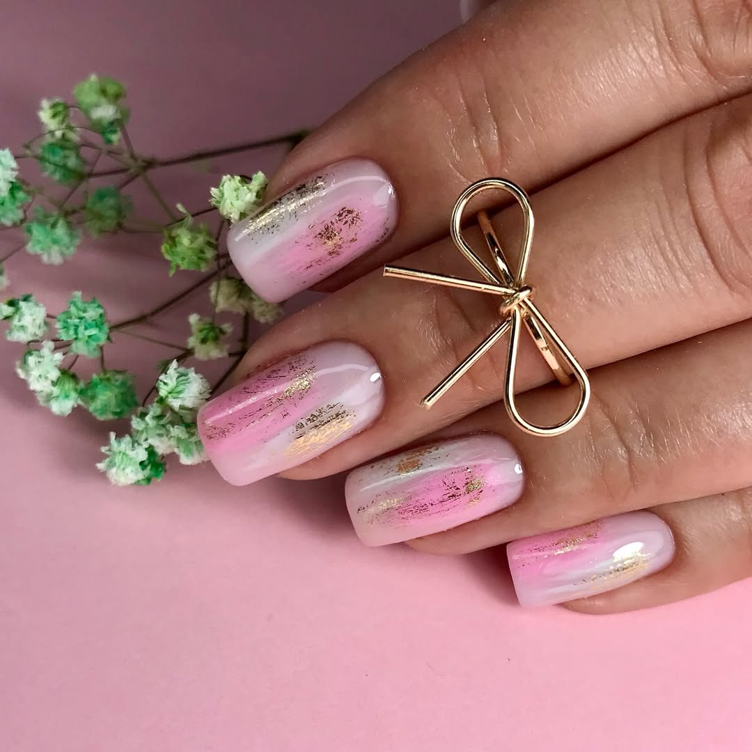 Summer Pink Marble Nails with Gold Foil
