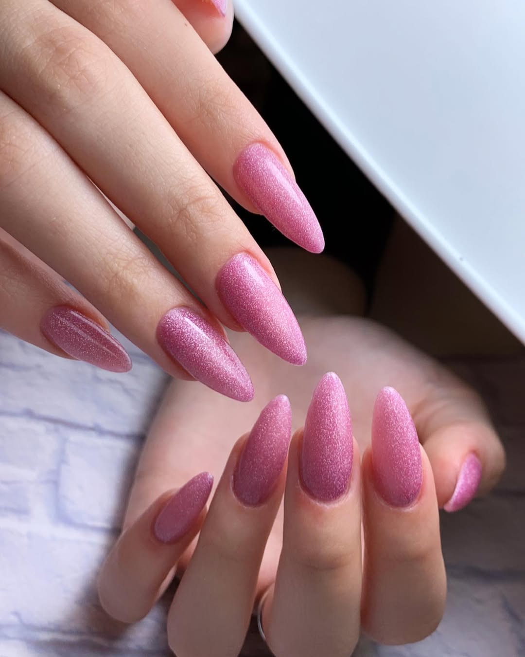 Summer Pink Shimmer Almond Gel Nails