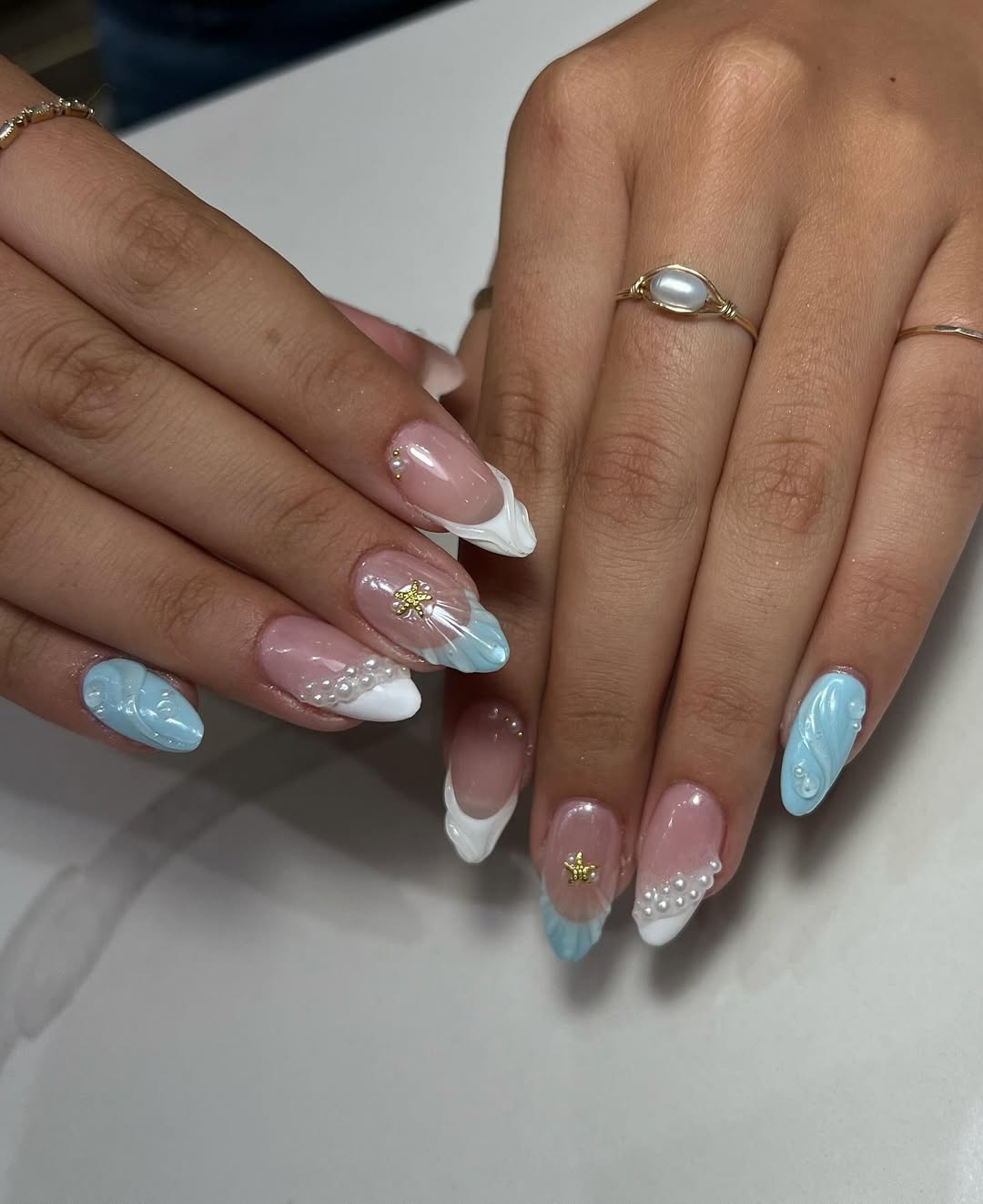 Summer Sea Blue Pearl Almond French Tips