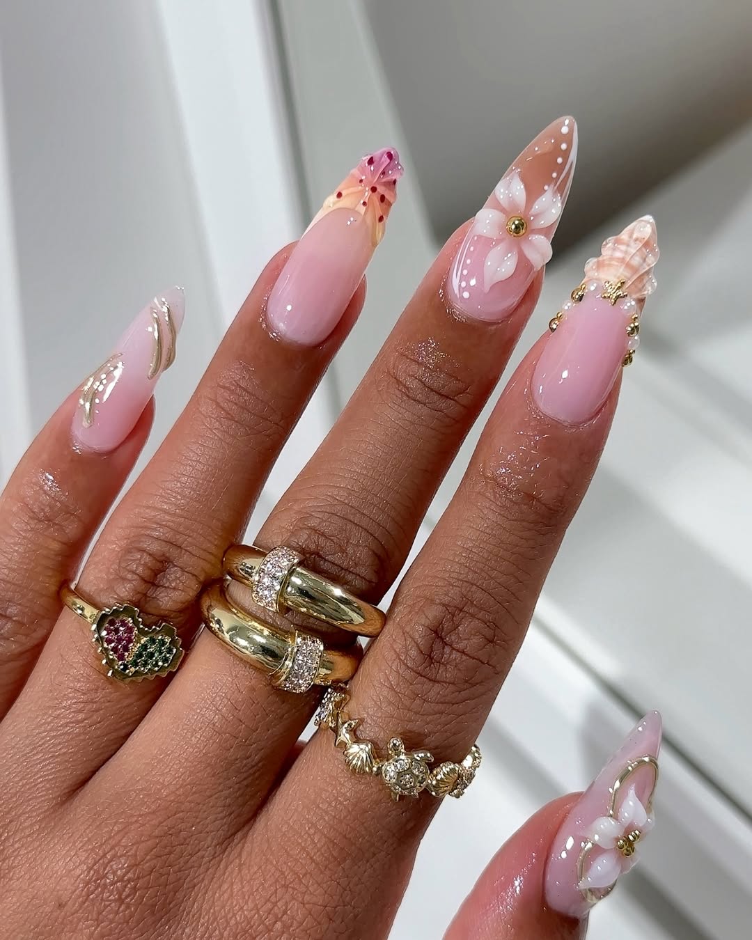 Summer Sea Life 3D Floral Long Stiletto Nails
