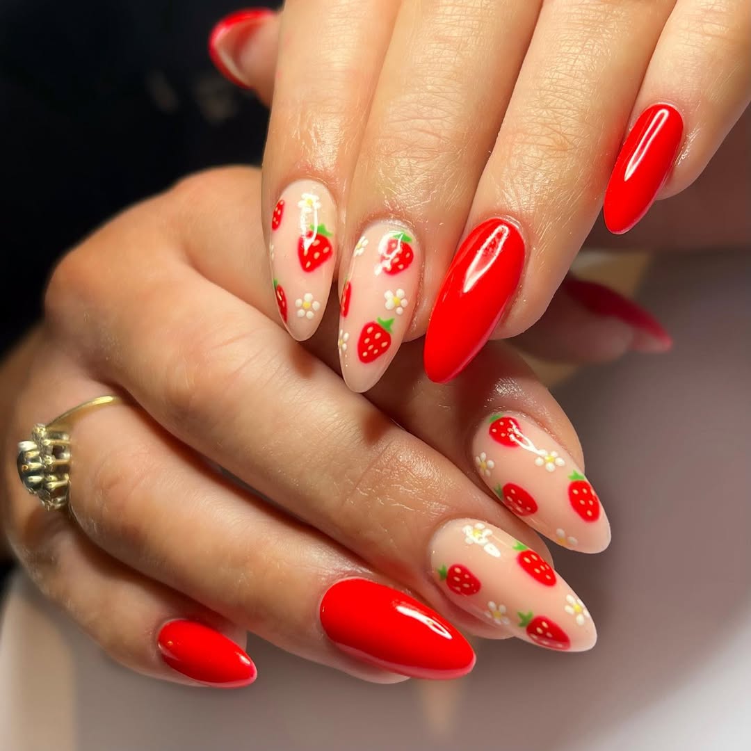 Summer Strawberry Blossom Red and Nude Almond Nails