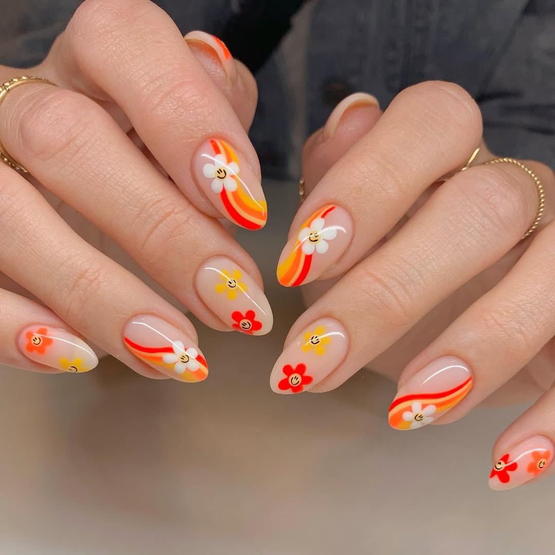 Summer Sunset Flower Swirl Almond Nails
