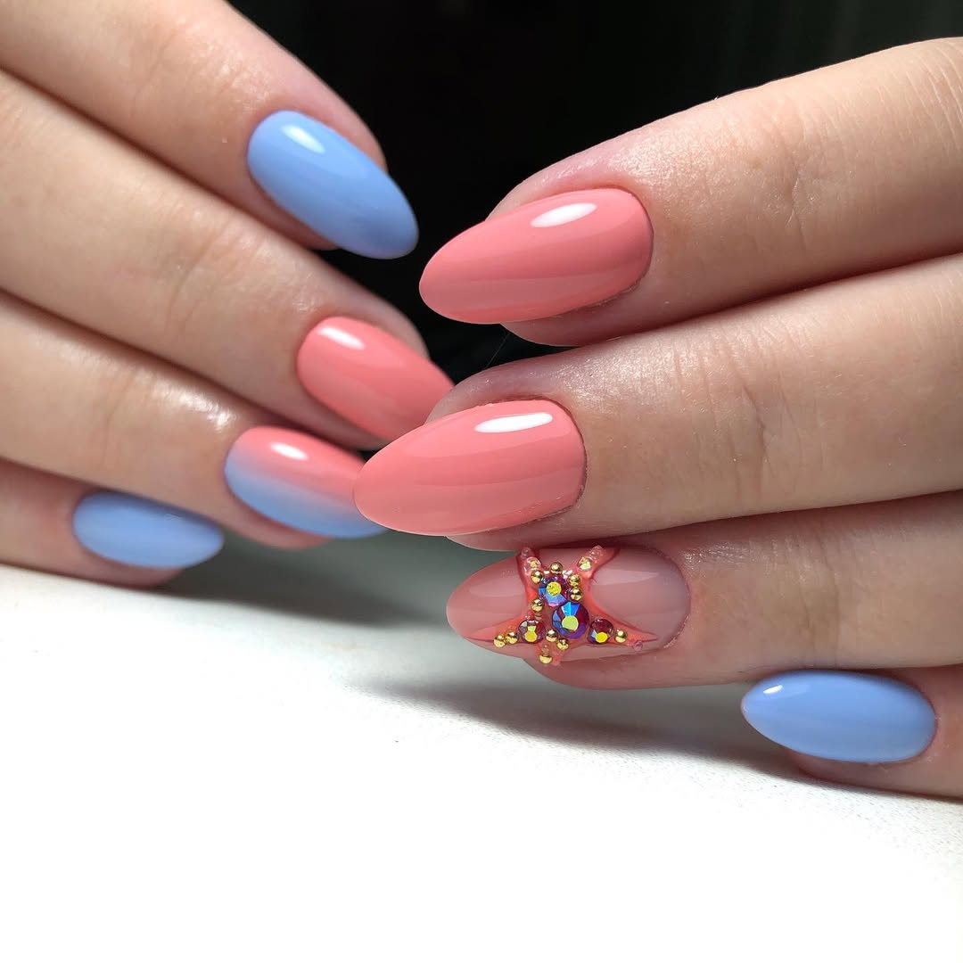 Summer Sunset Ombre Blue Coral Starfish Nails