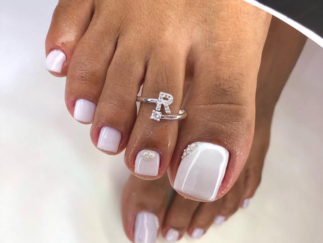 Summer White Pedicure With Pearlescent Embellishments