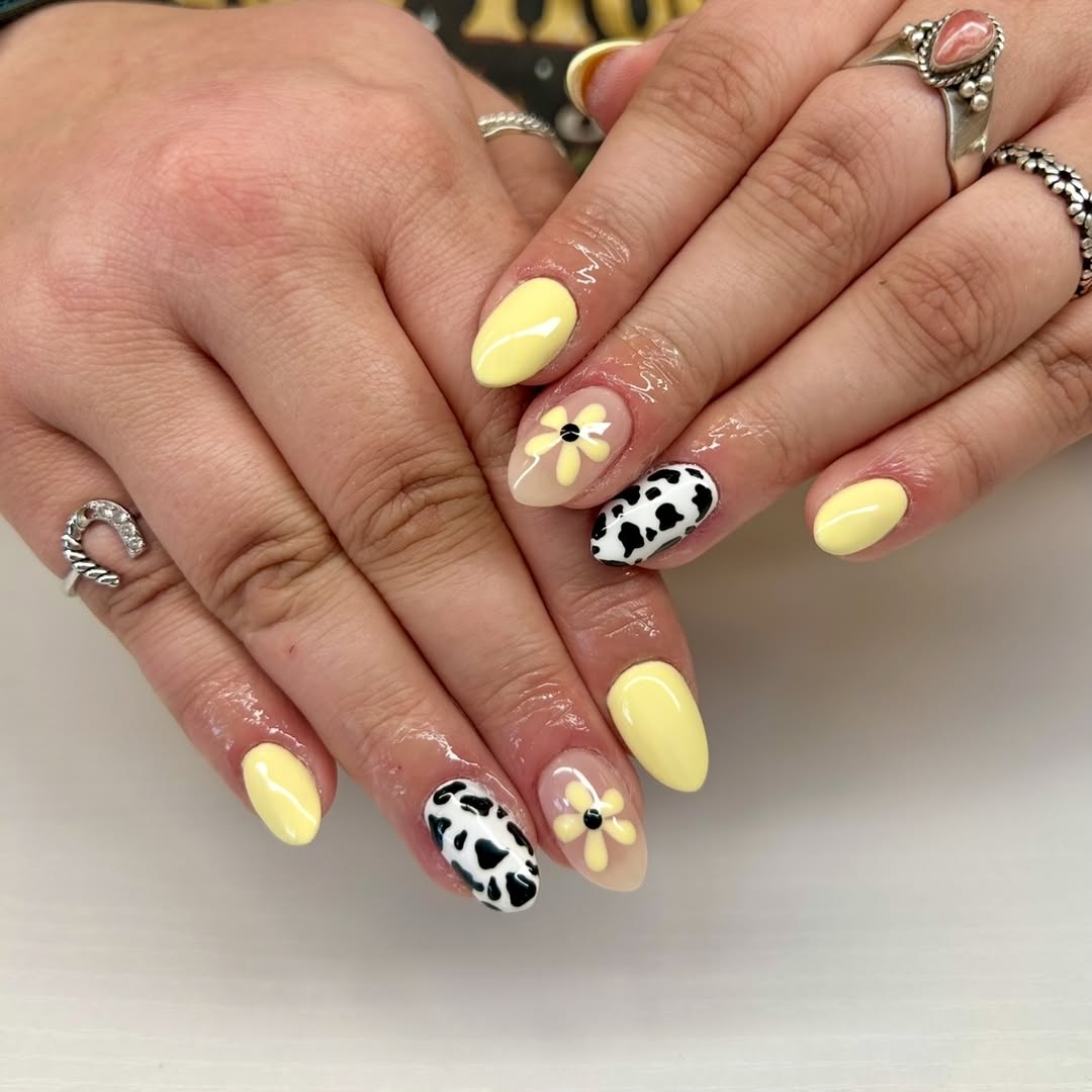 Sunny Yellow Cow Print Daisy Accent Nails