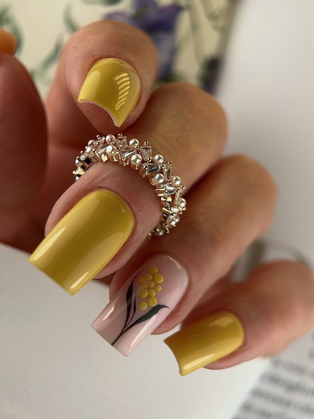 Sunny Yellow Floral Glossy Square Nails