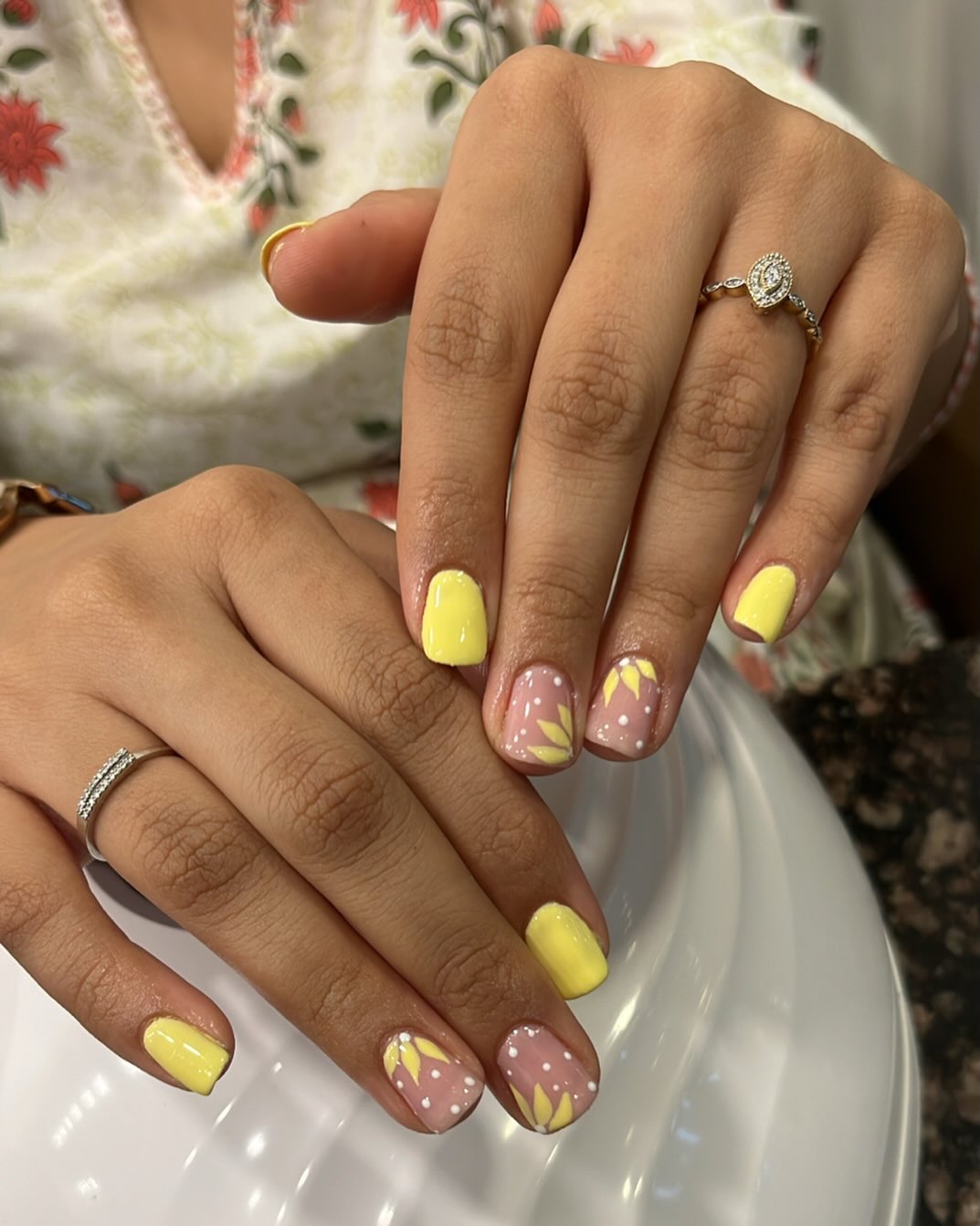Sunny Yellow Polka Dot Floral Short Square Nails