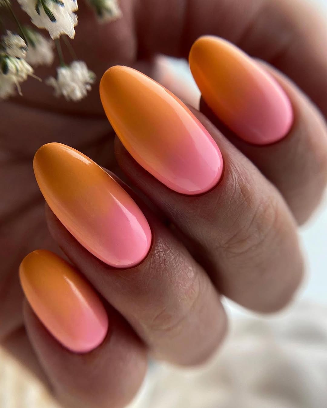 Sunset Orange Pink Ombre Oval Nails