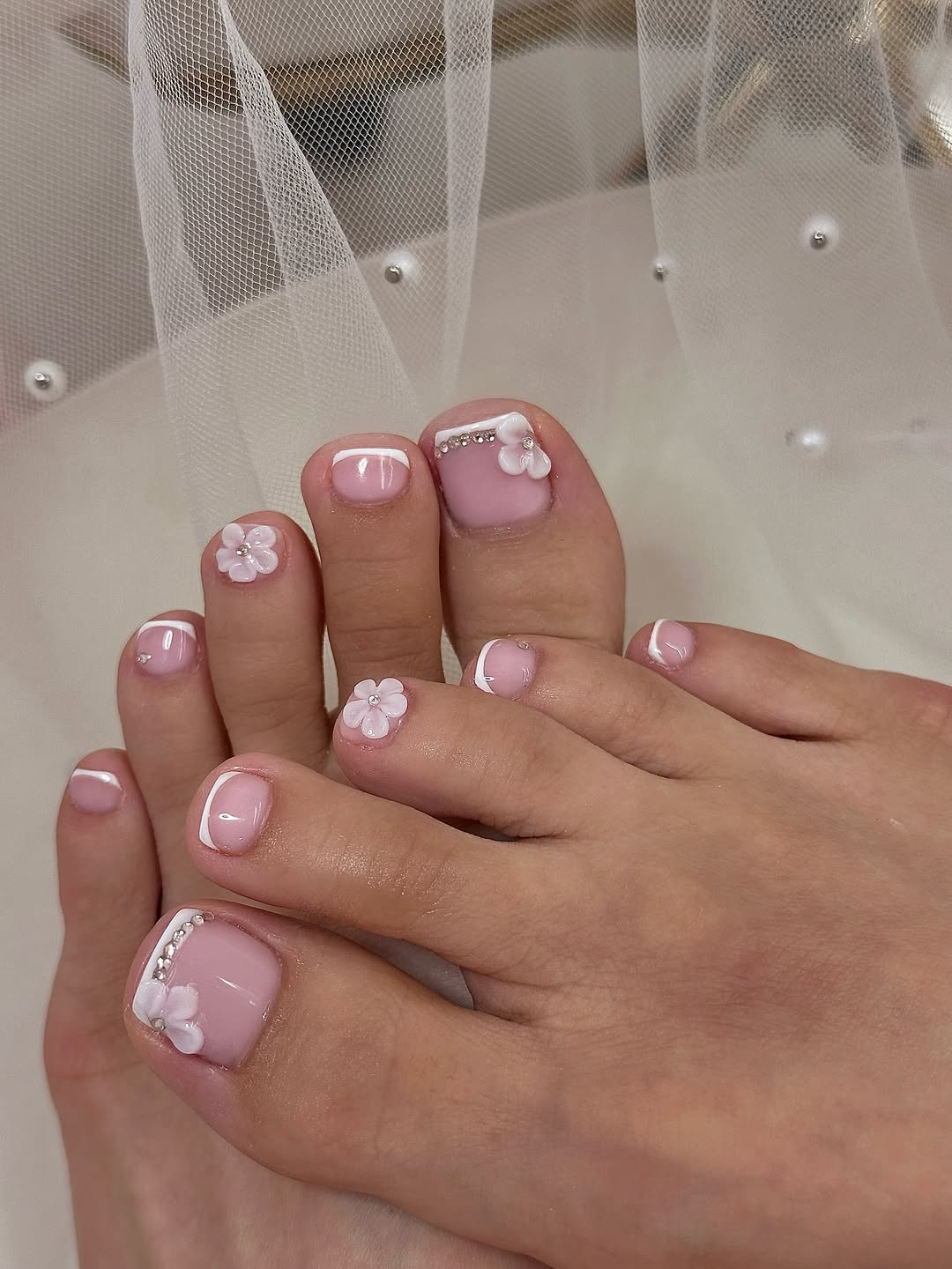 Sweet Pink Pedicure with 3D Floral Embellishments