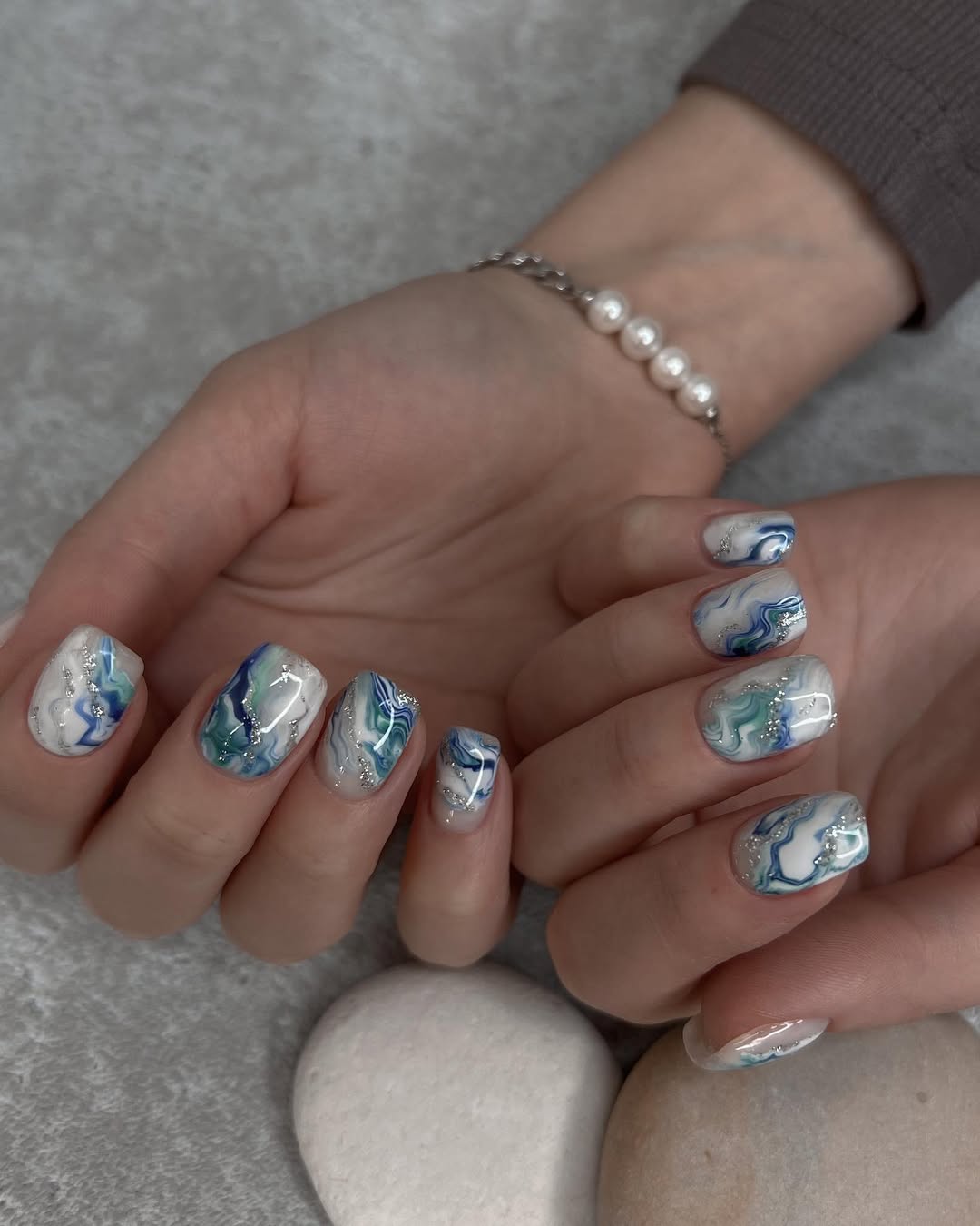 Swirly Teal Marble Silver Glitter Short Squoval