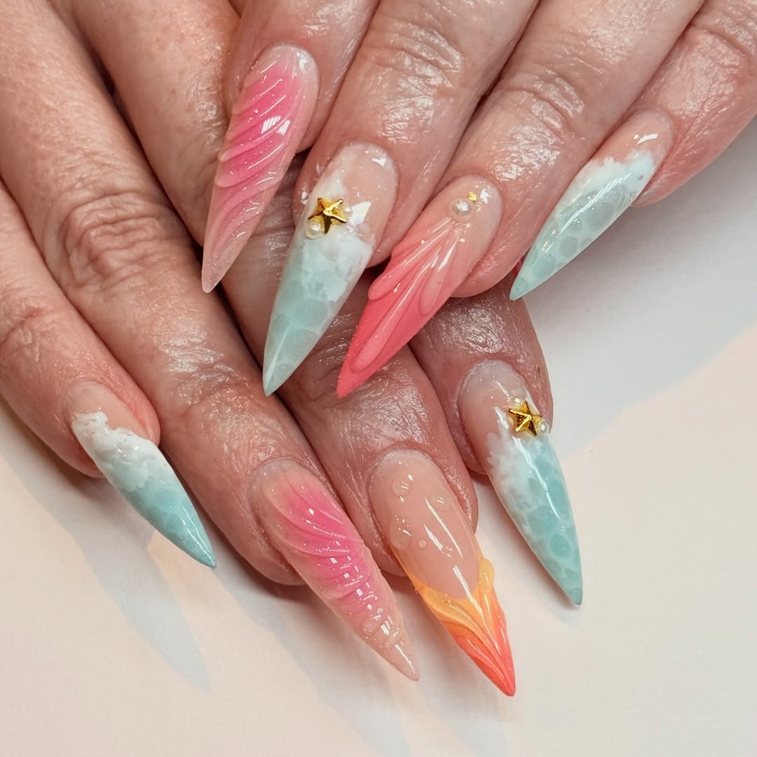 Tropical Ocean Sunset Stiletto 3D Beach Nails
