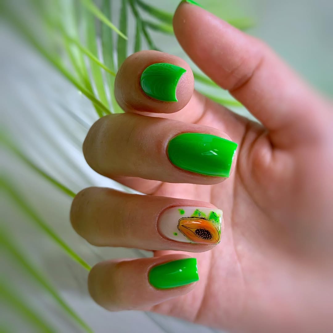 Tropical Papaya Green Glossy Square Nails