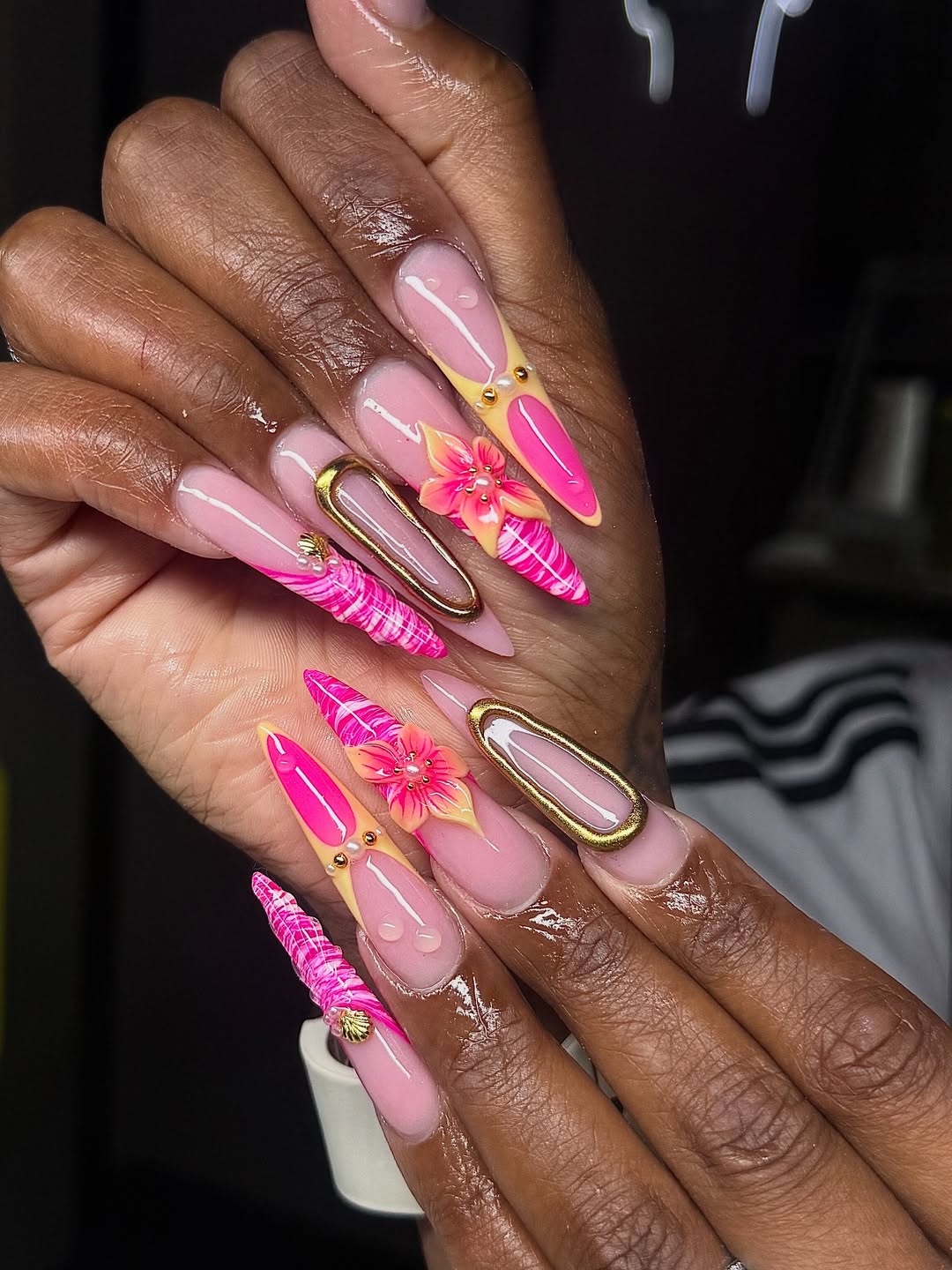 Tropical Pink Neon French Tips With 3D Art