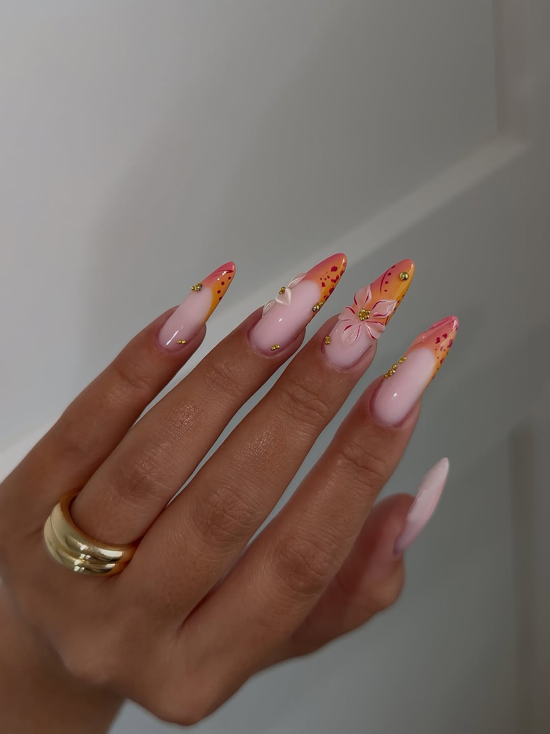 Tropical Sunset Ombré Stiletto Nails With 3D Flowers