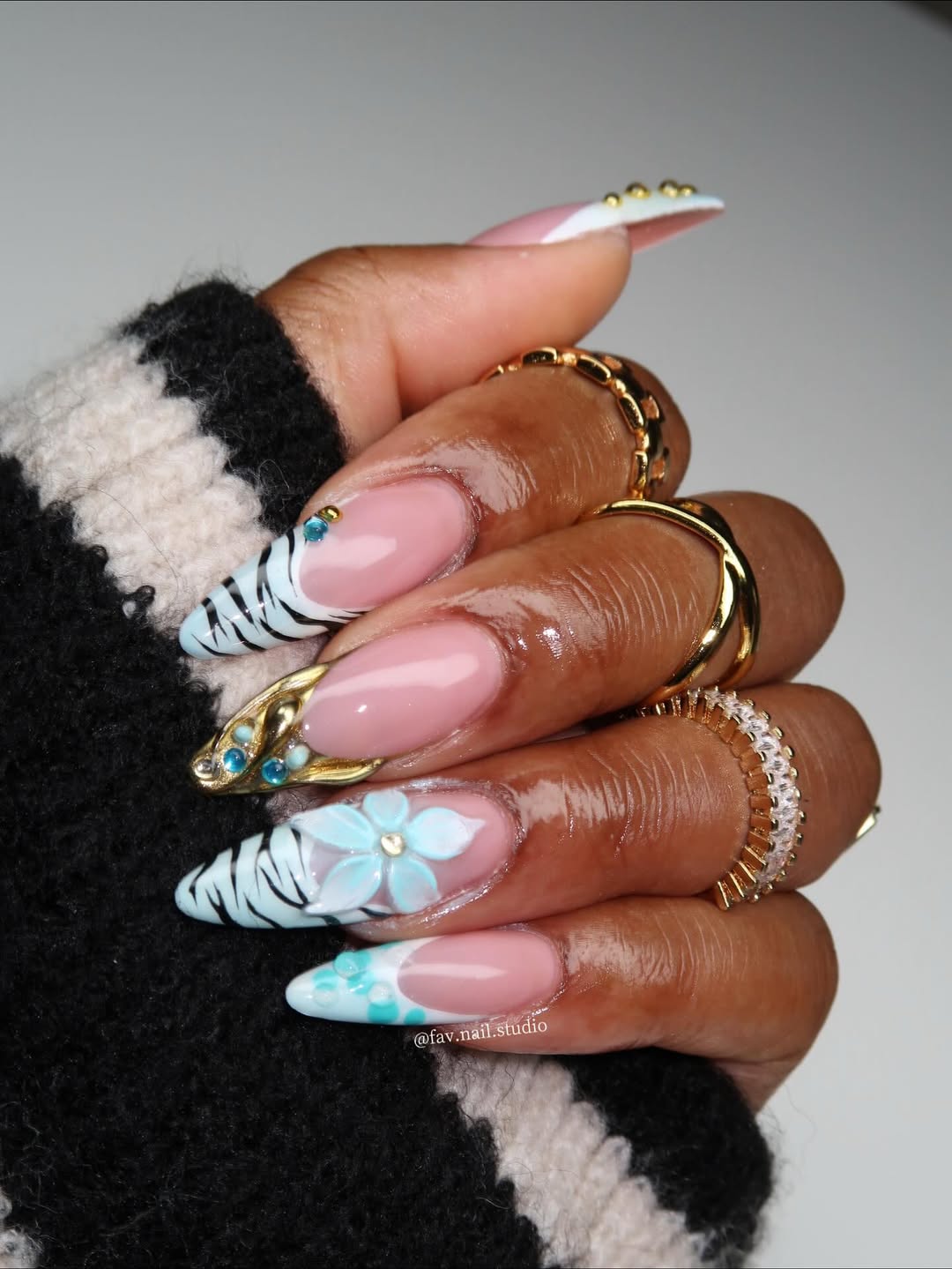 Tropical Zebra French Tips With 3D Flowers