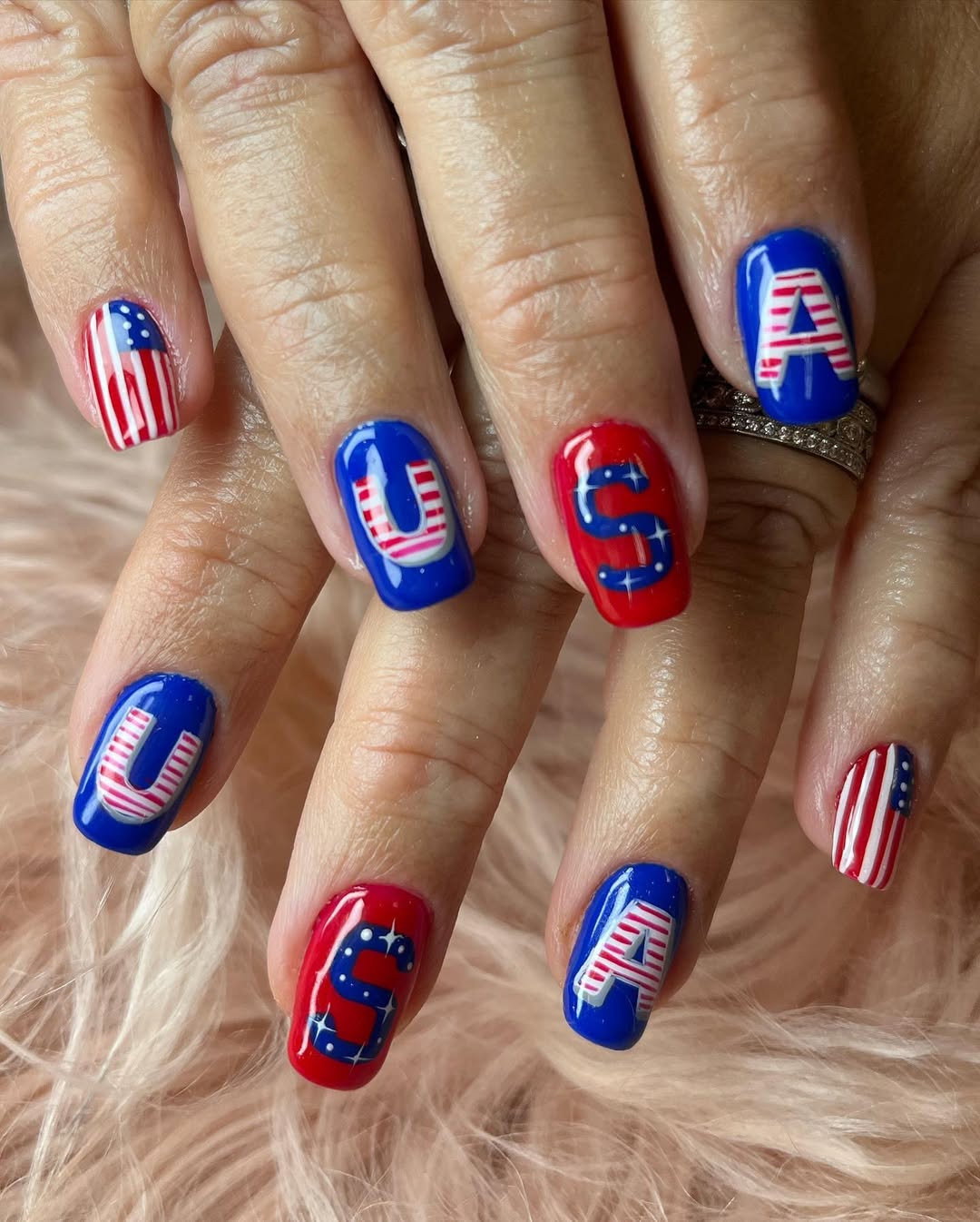 USA Patriotic Glossy Square Glitter Accent Nails