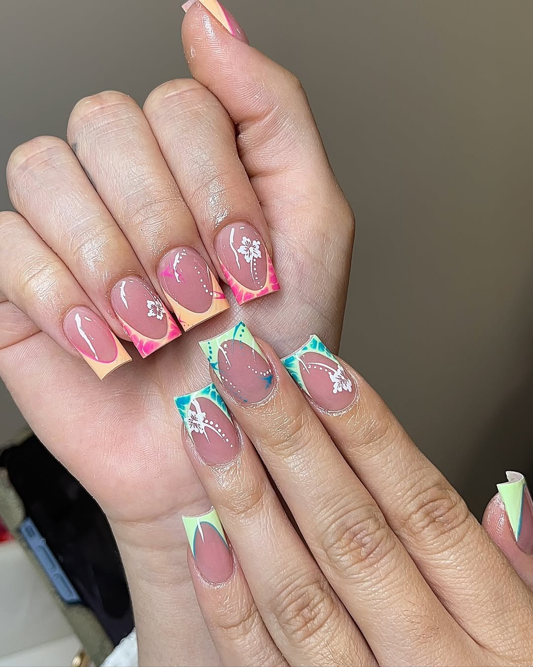 Vibrant Abstract French Tips With White Floral Accents