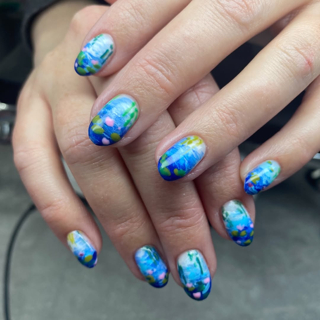 Vibrant Abstract Watercolor Oval Nails With Glossy Finish