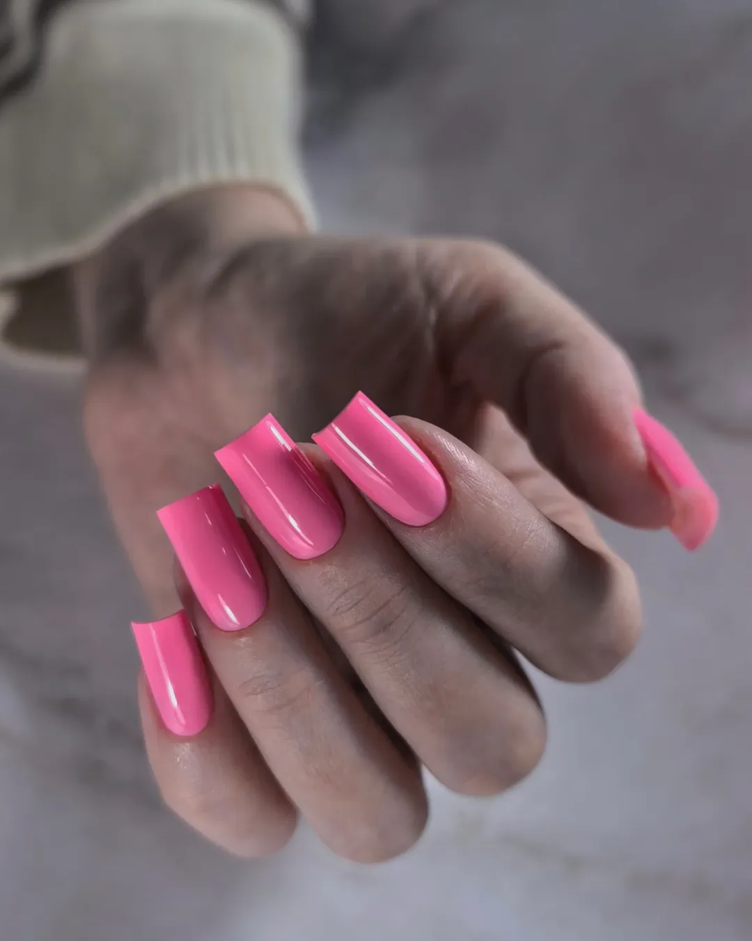 Vibrant Barbie Pink Glossy Long Square Nails