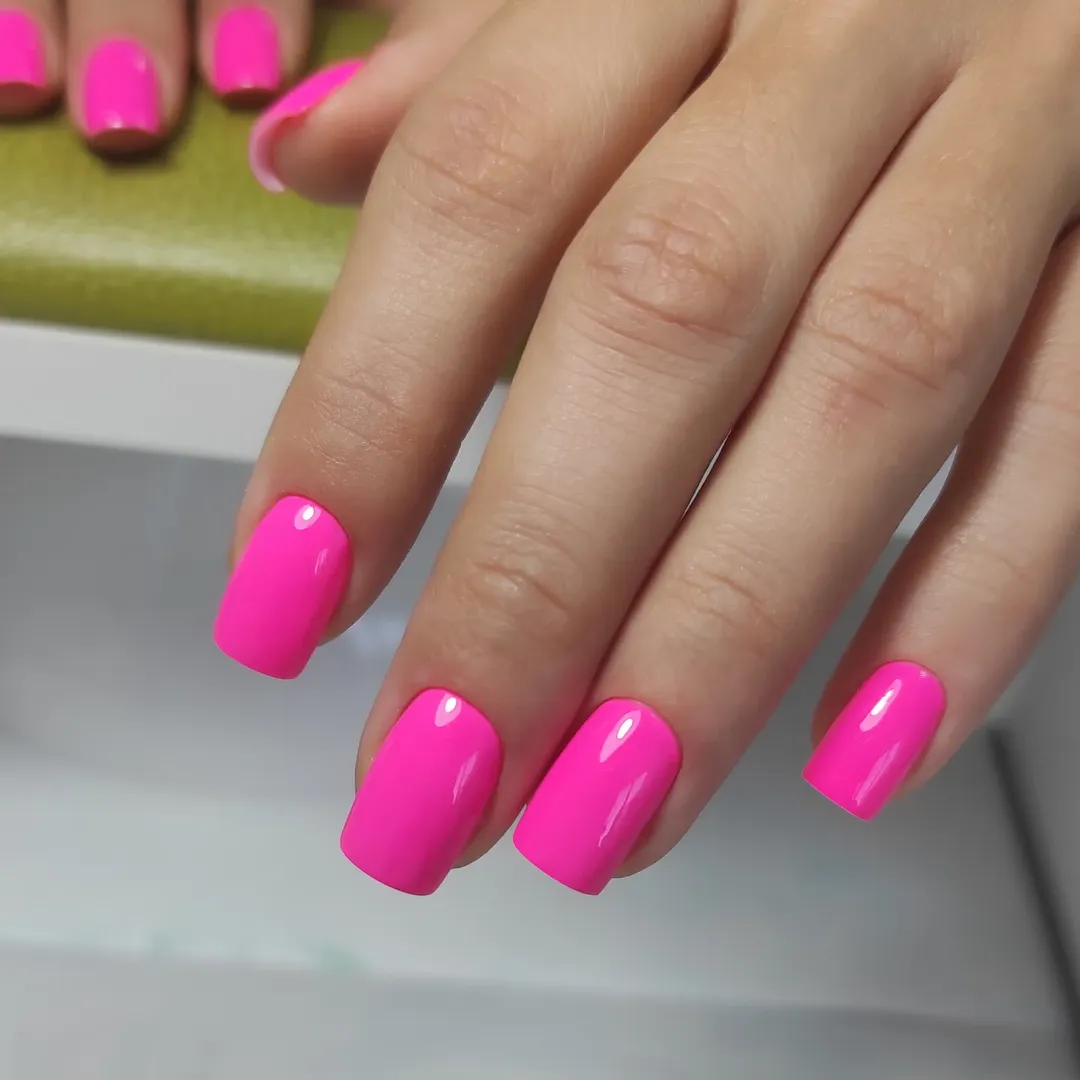 Vibrant Barbie Pink Glossy Squoval Manicure