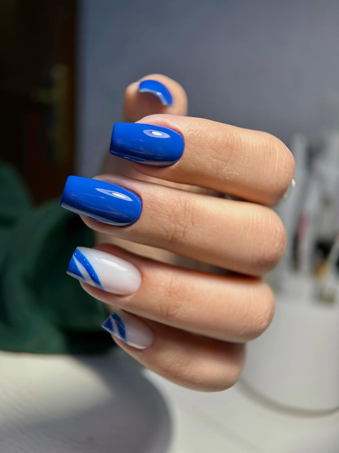 Vibrant Blue White Swirl Square Gel Nails