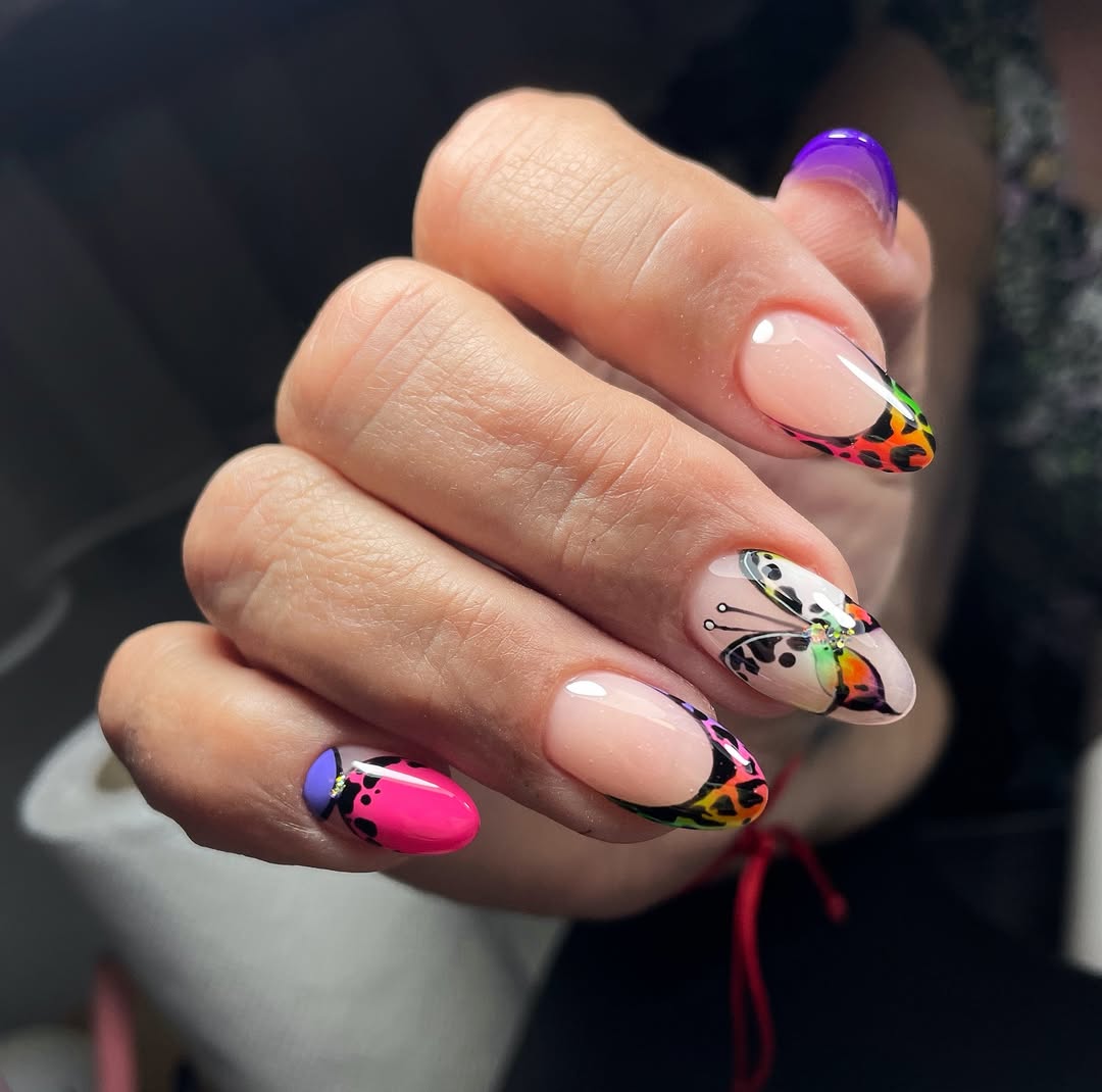 Vibrant Butterfly Art Gradient French Tips