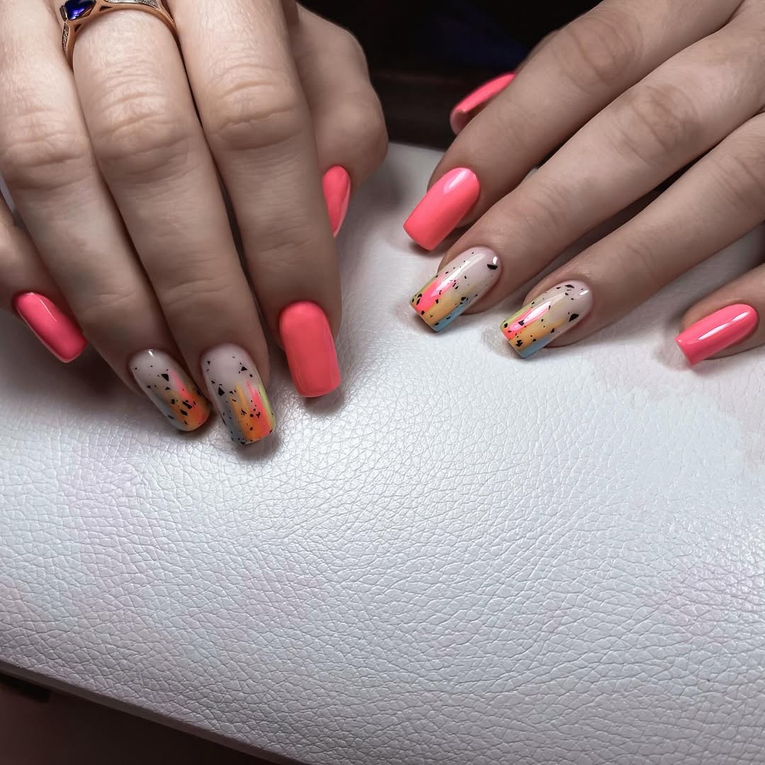 Vibrant Coral Speckled Abstract Summer Nails