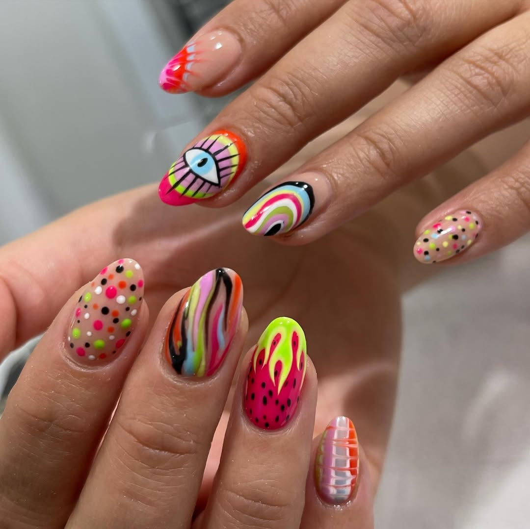 Vibrant Eclectic Summer Nail Art Oval Nails