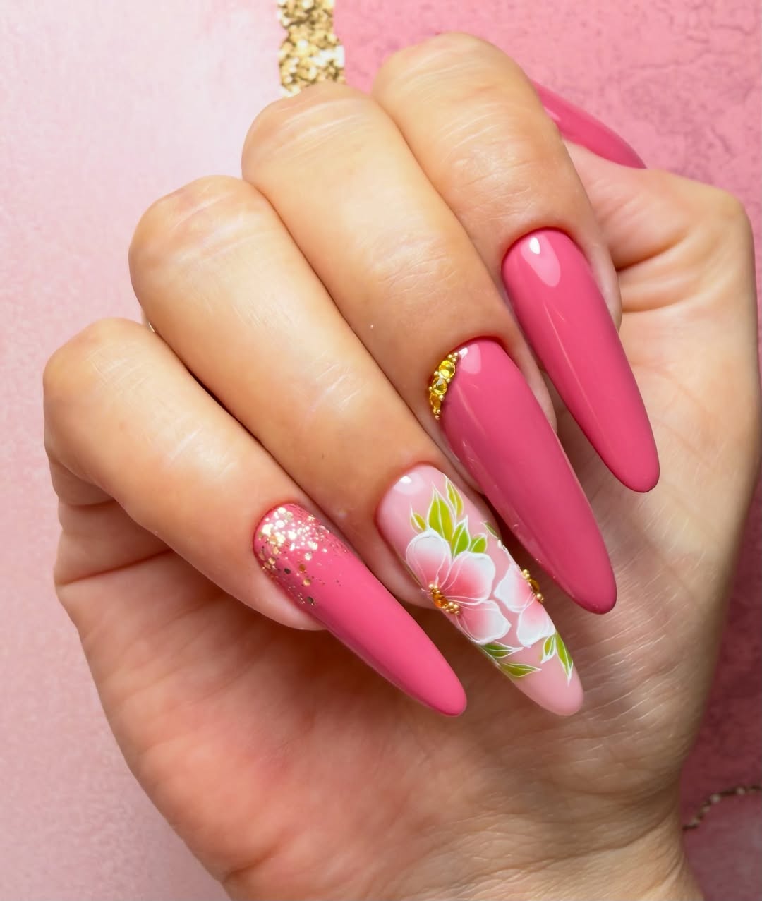 Vibrant Fuchsia Stiletto Cherry Blossom and Glitter Nails