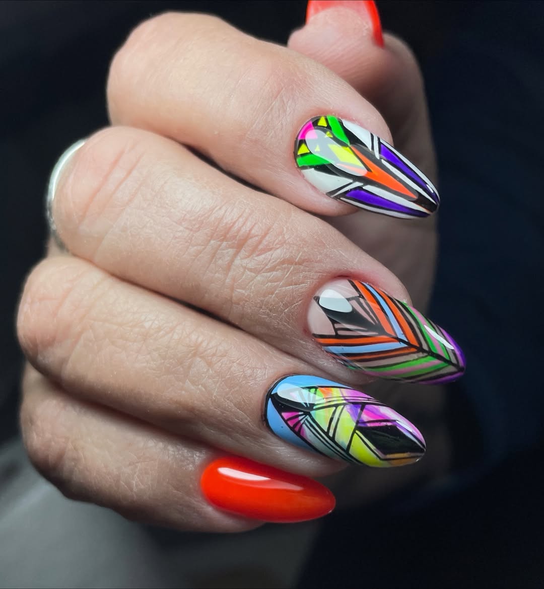 Vibrant Geometric Abstract Almond Nails