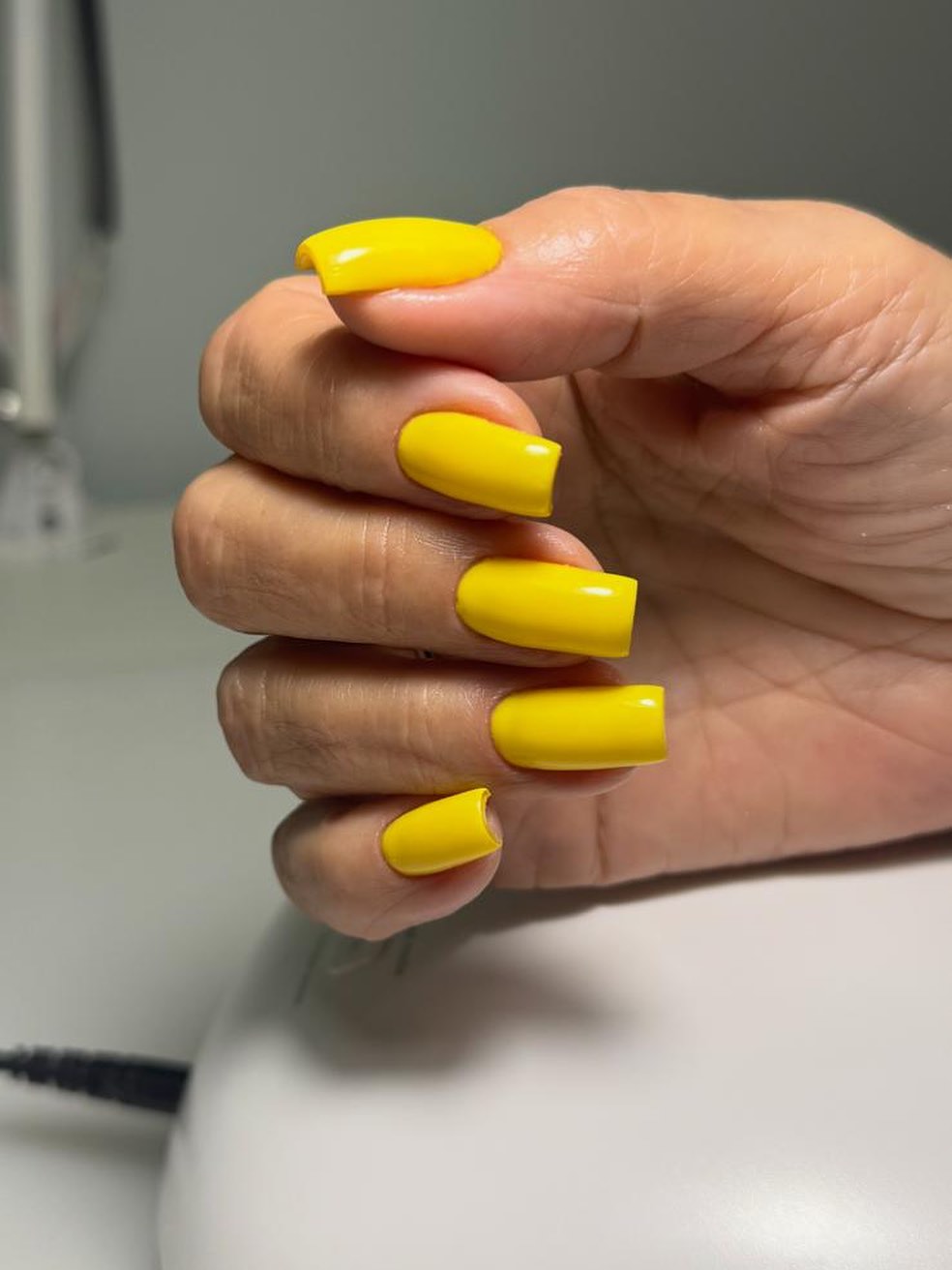 Vibrant Glossy Lemon Yellow Square Nails
