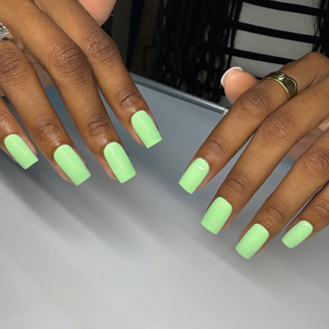 Vibrant Glossy Melon Green Square Nails
