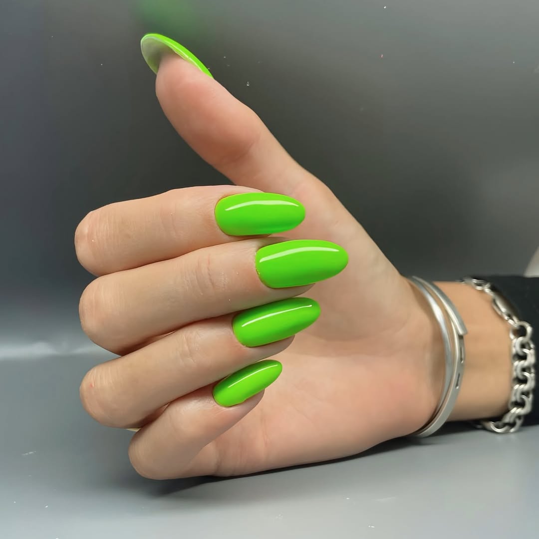 Vibrant Glossy Neon Green Oval Nails