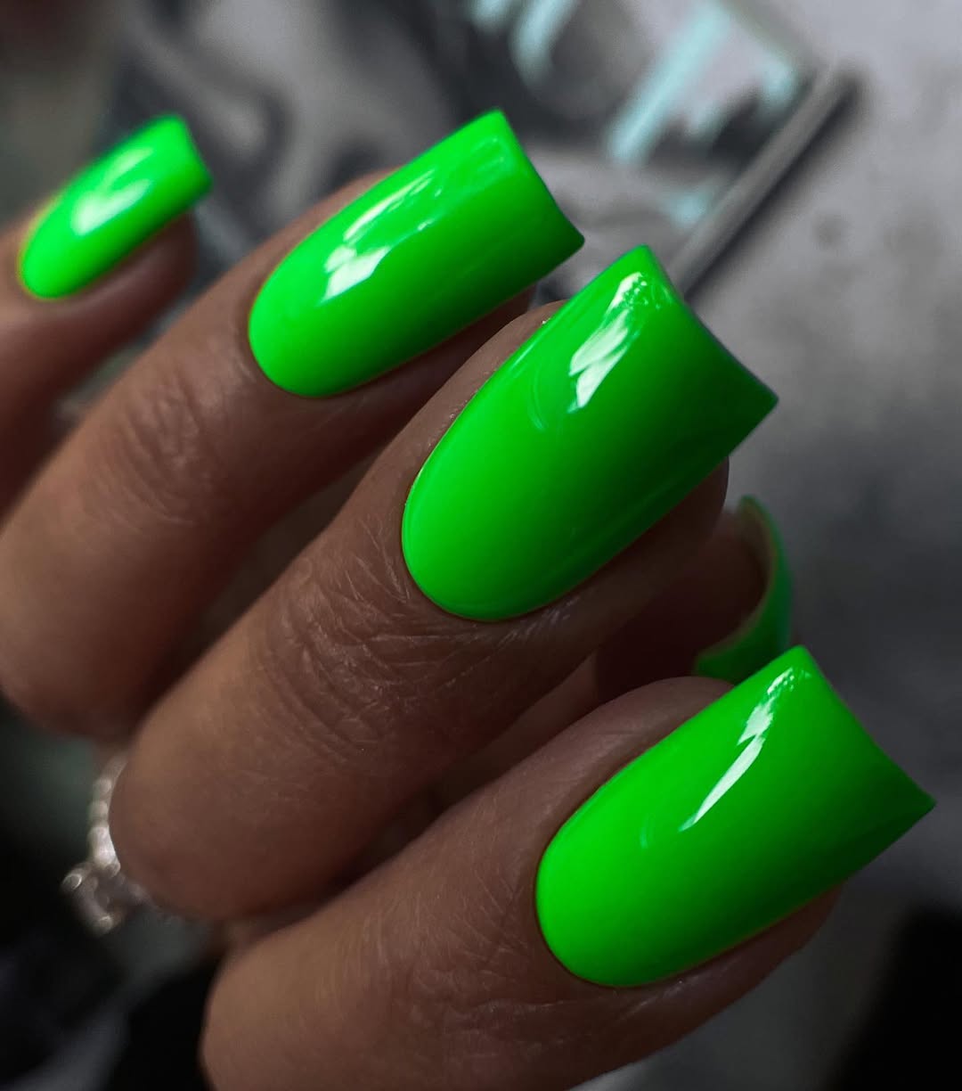 Vibrant Glossy Neon Green Squoval Nails