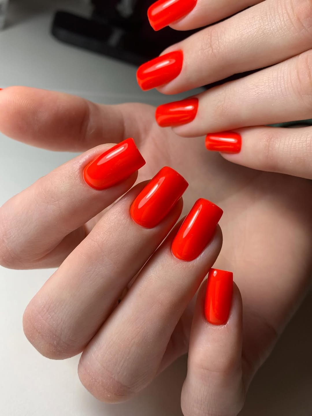 Vibrant Glossy Orange Red Square Nails