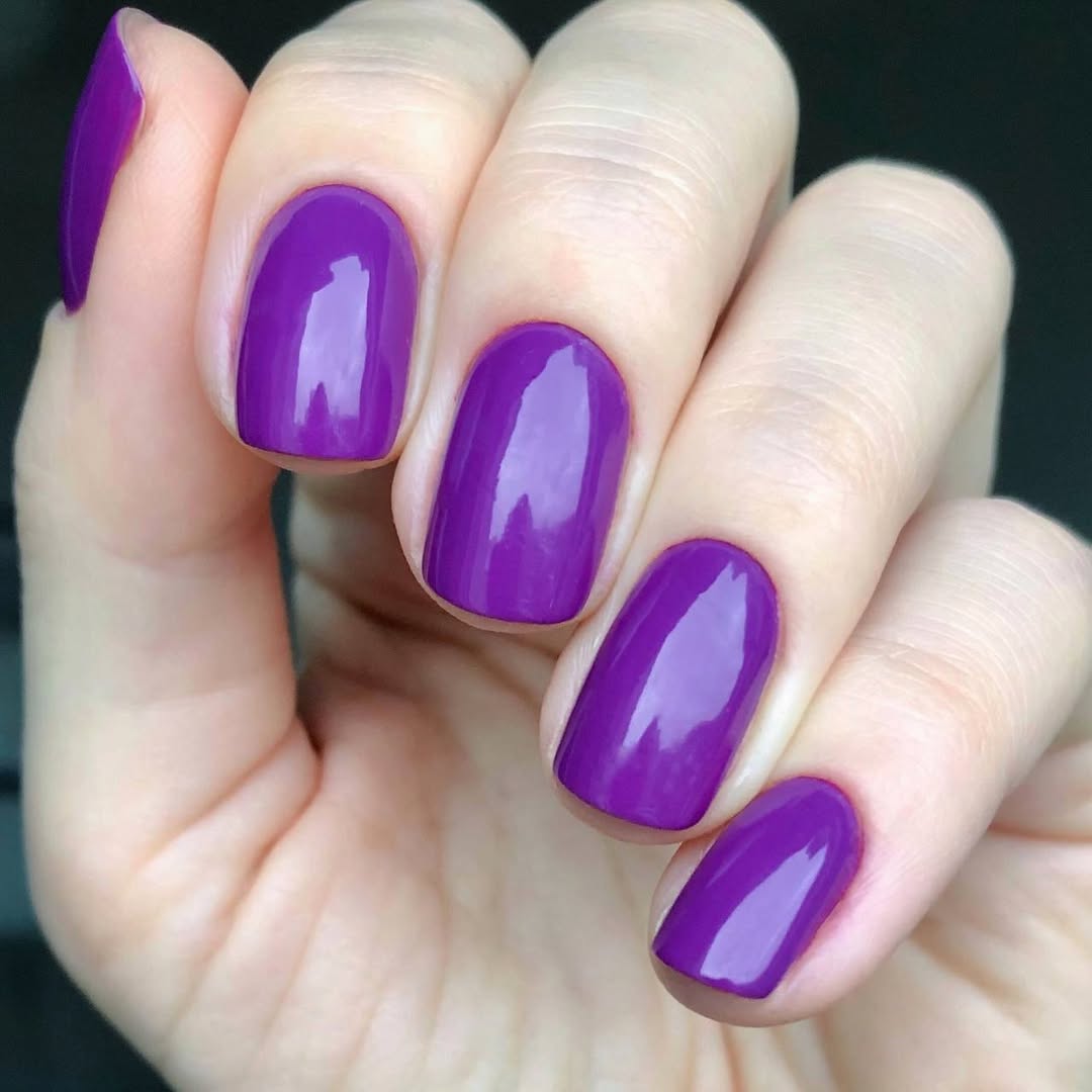 Vibrant Glossy Purple Short Round Nails