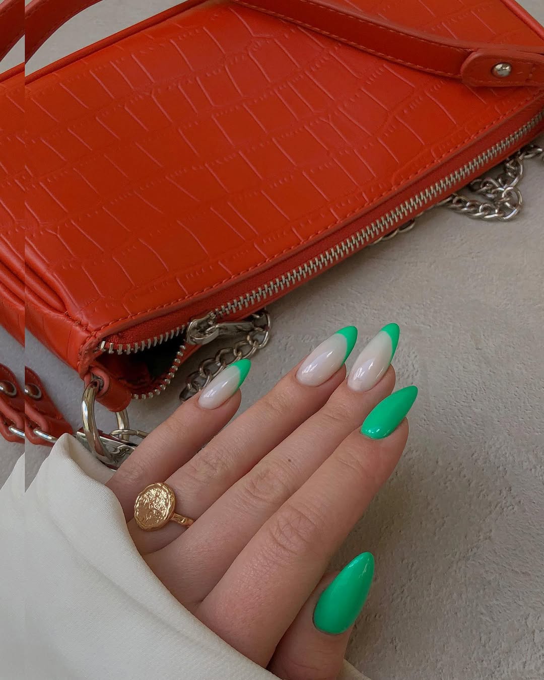 Vibrant Green French Tips with Solid Accent Nails