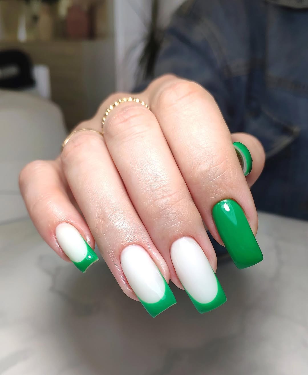 Vibrant Green French Tips with Solid Accent Nails