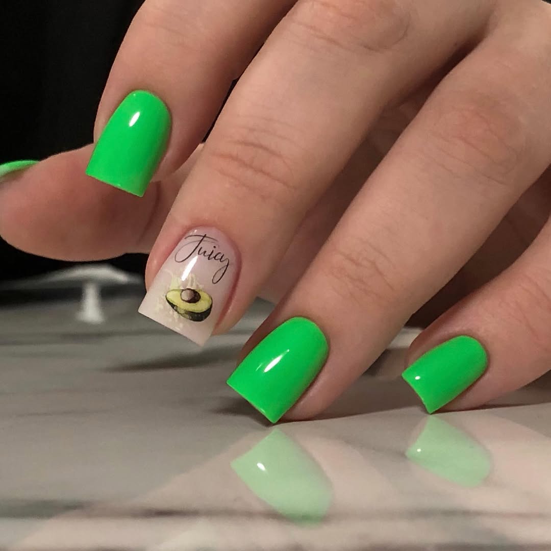Vibrant Green Square Nails With Juicy Avocado Accent