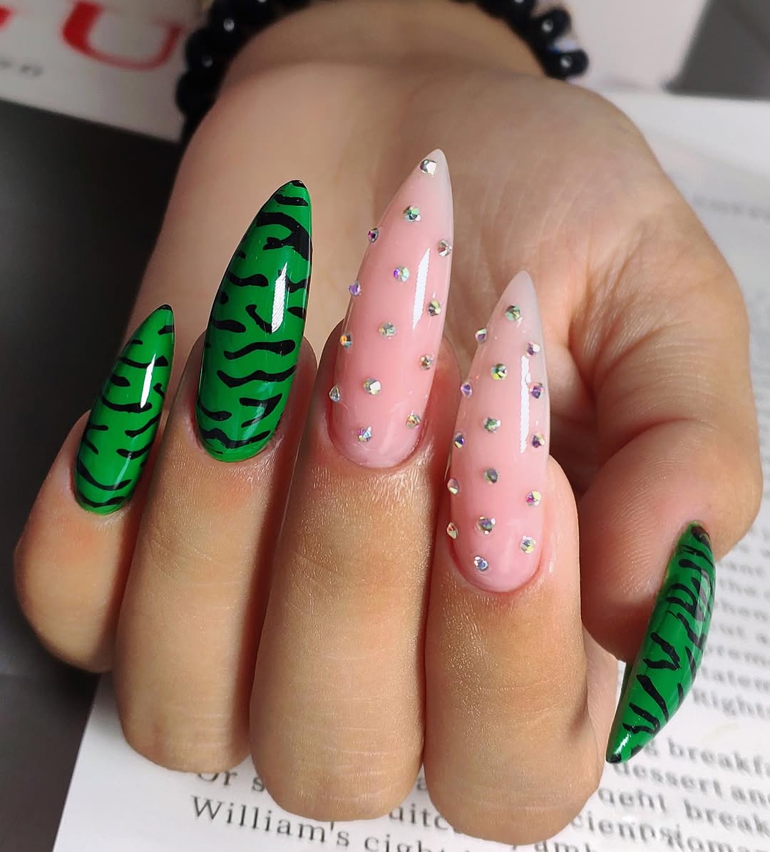 Vibrant Green Tiger Print Gemstone Stiletto Nails