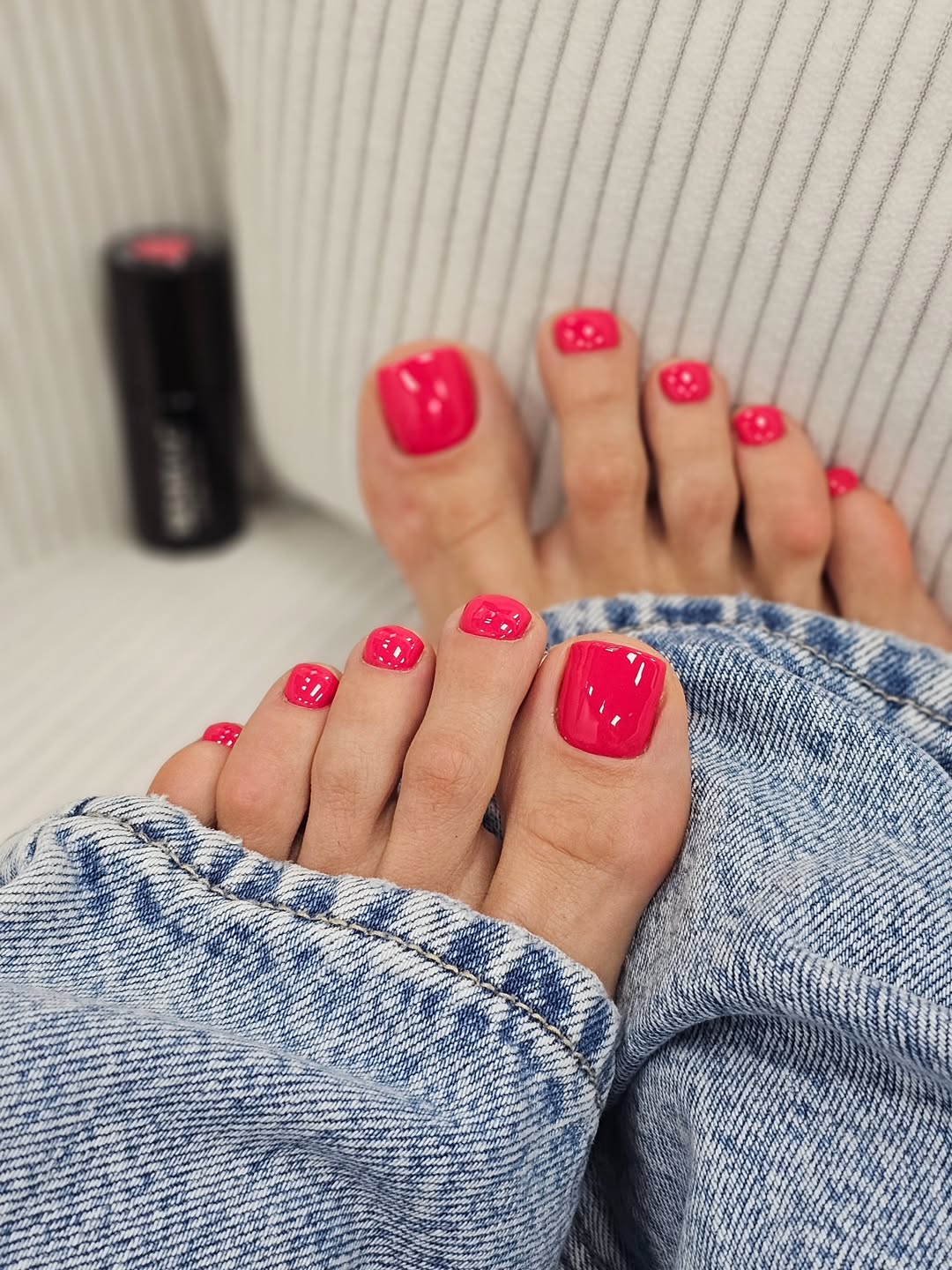 Vibrant Hot Pink Glossy Pedicure Squoval Toes