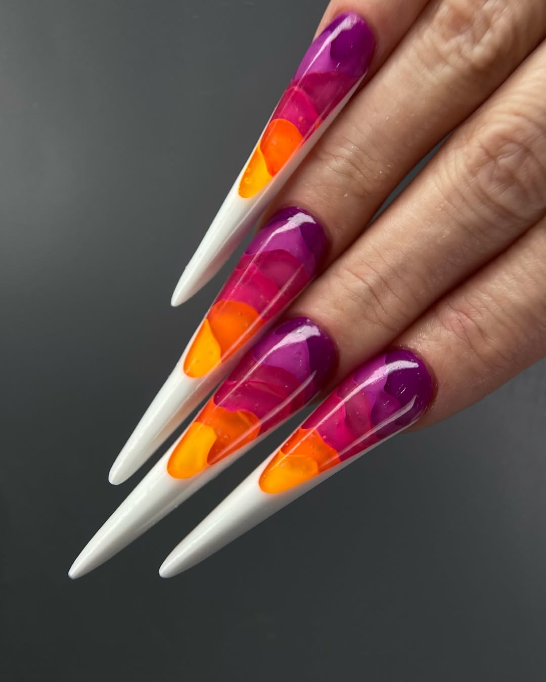 Vibrant Melted Marble Stiletto French Tips