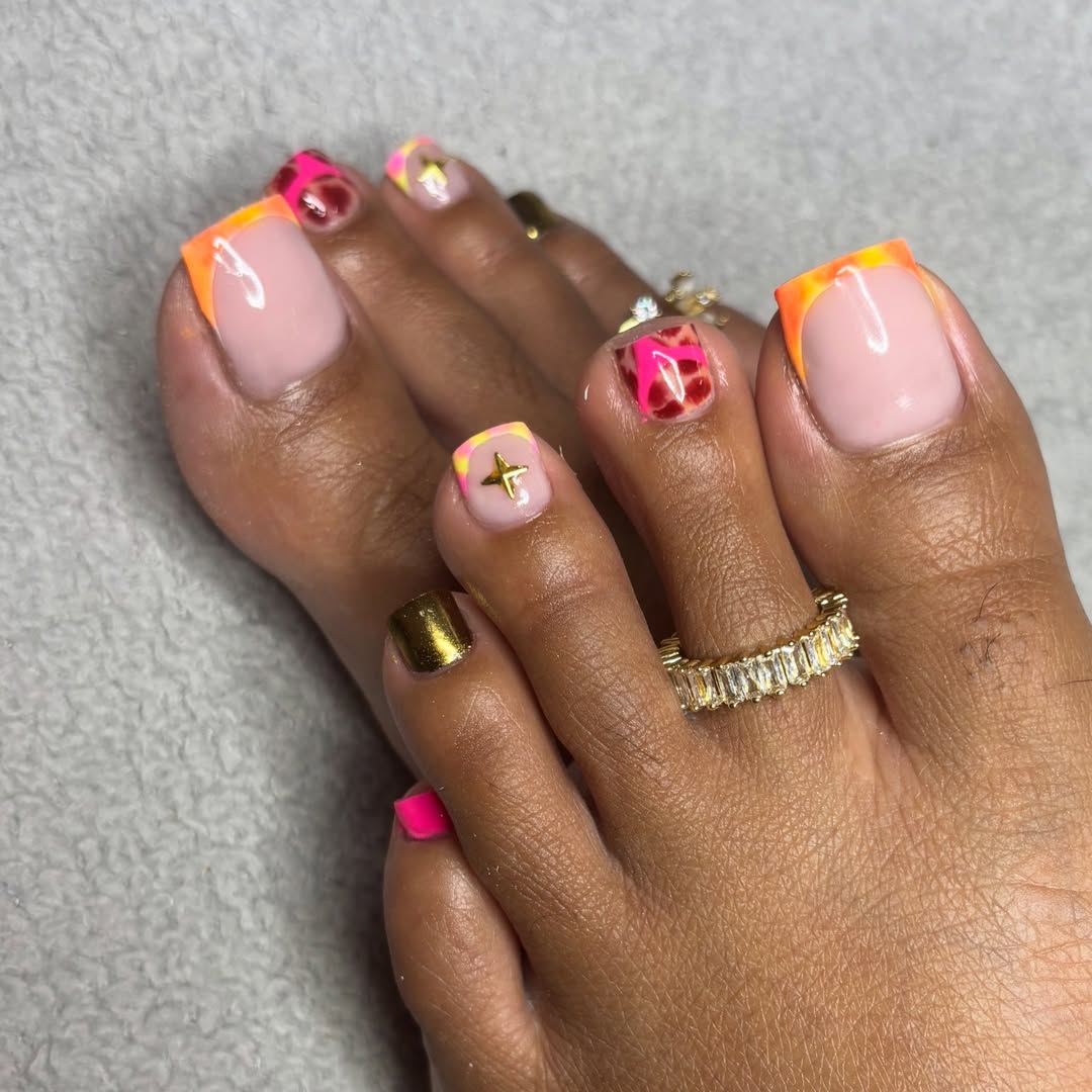 Vibrant Mixed Neon French Tip Toe Nails