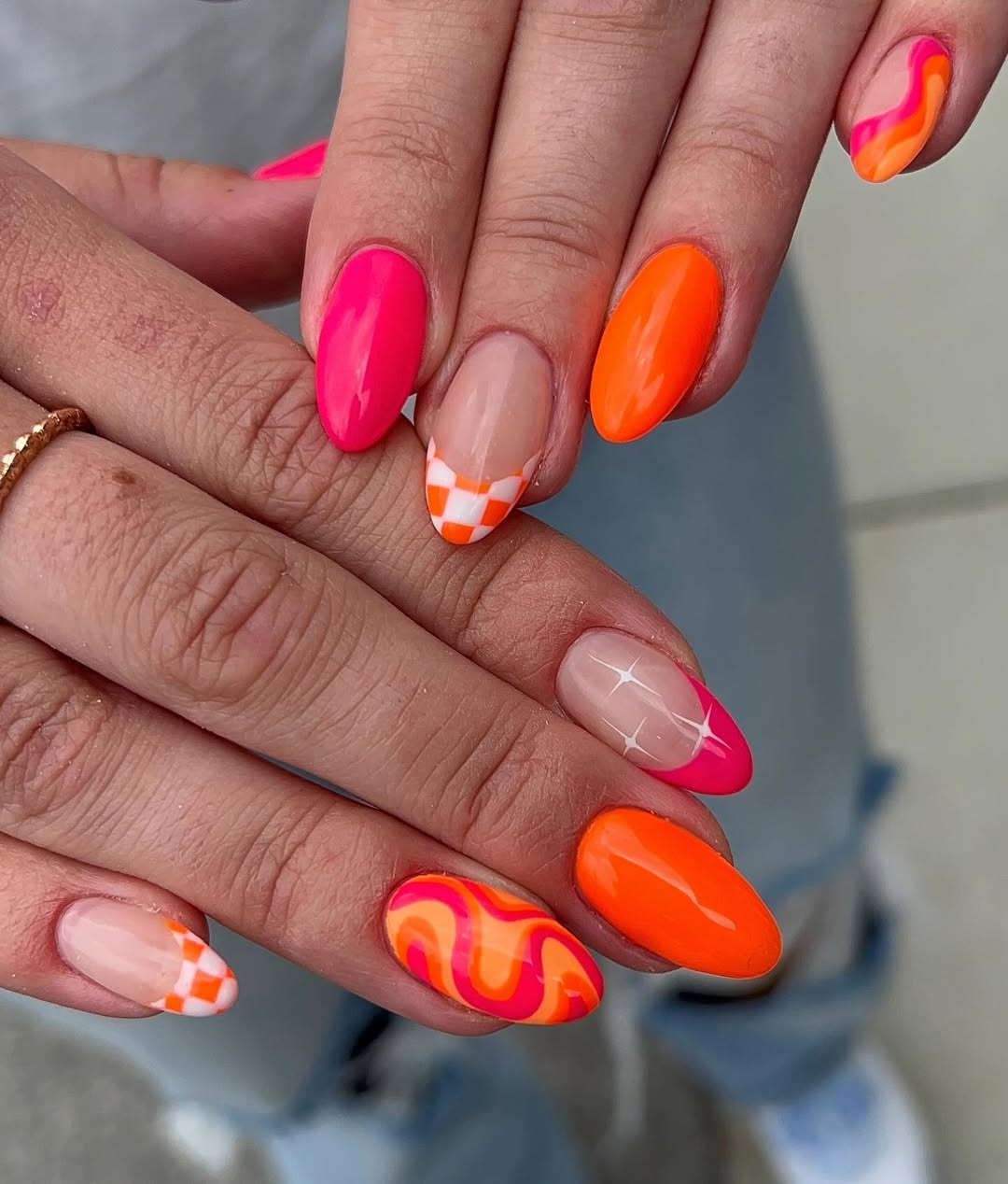 Vibrant Mixed Neon Orange Pink Checkered Swirls