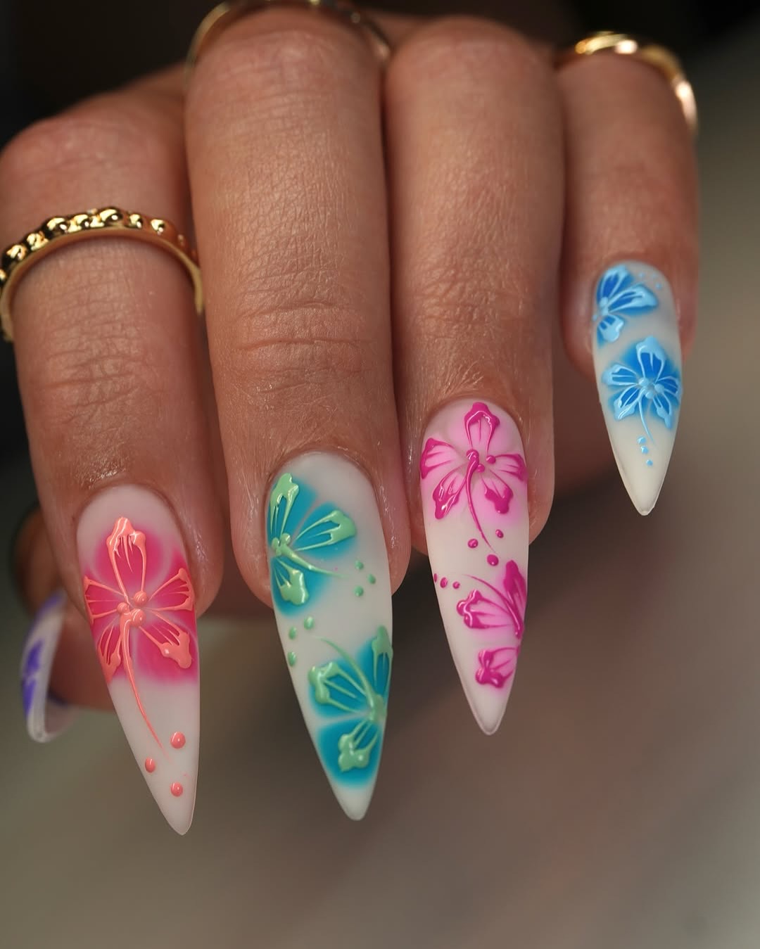 Vibrant Neon Floral Matte Stiletto Nails