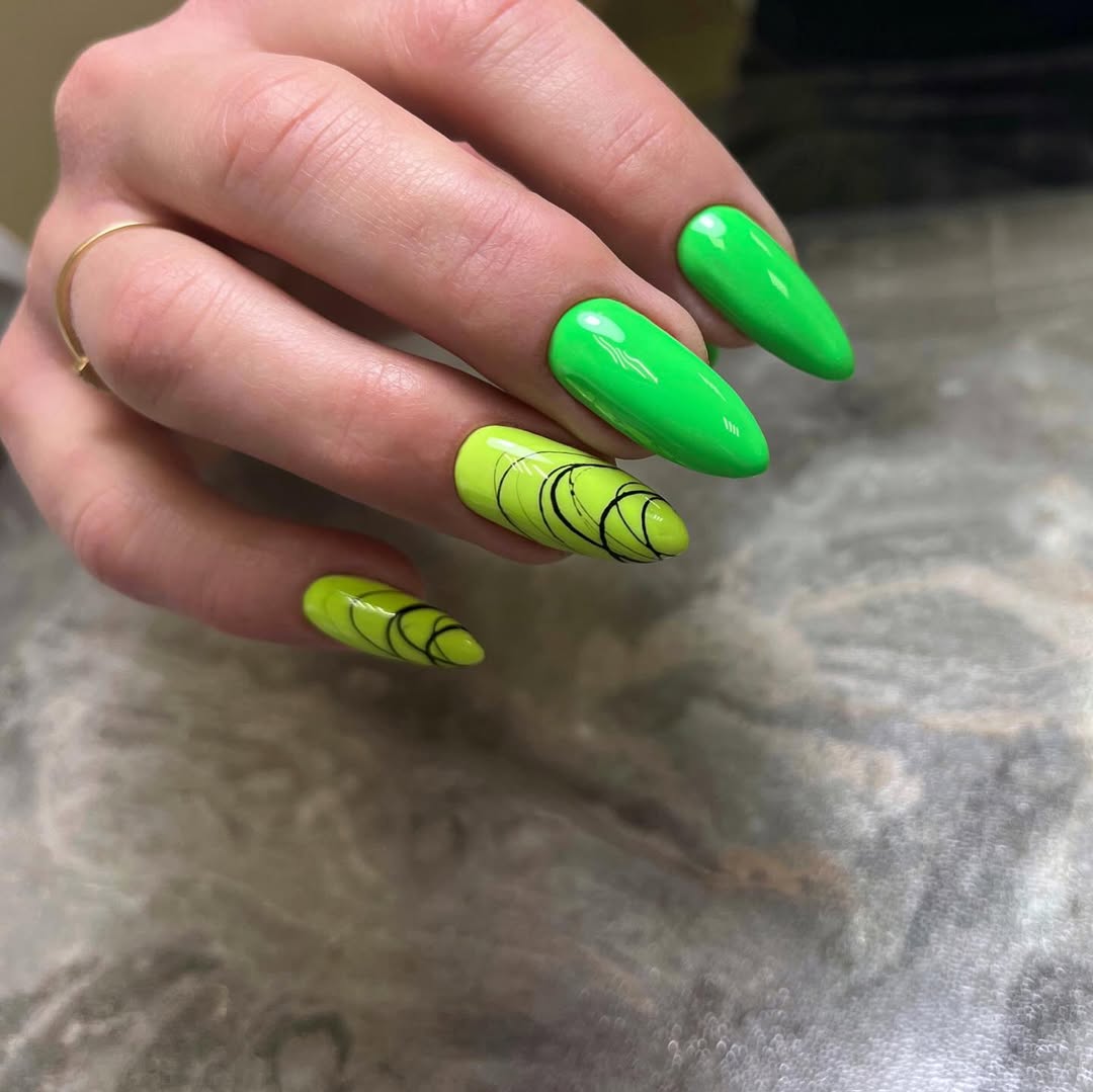 Vibrant Neon Green Abstract Swirl Stiletto Nails