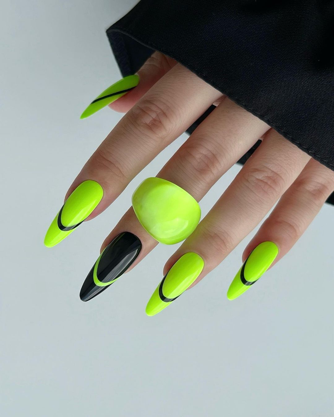 Vibrant Neon Green and Black Abstract Stiletto Tips
