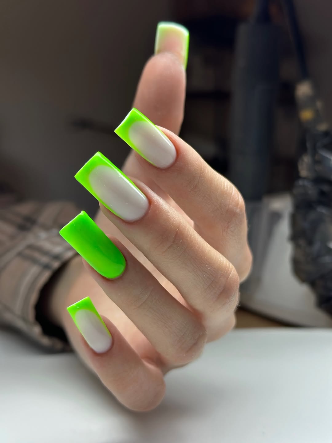 Vibrant Neon Green Tips Long Coffin Nails