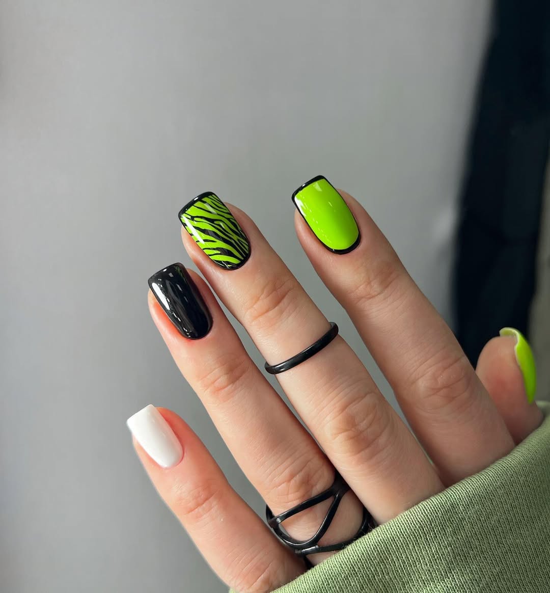 Vibrant Neon Green Zebra Print Squoval Nails
