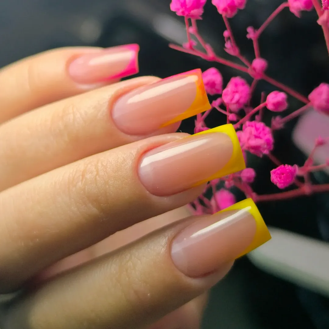 Vibrant Neon Ombré Square French Tips